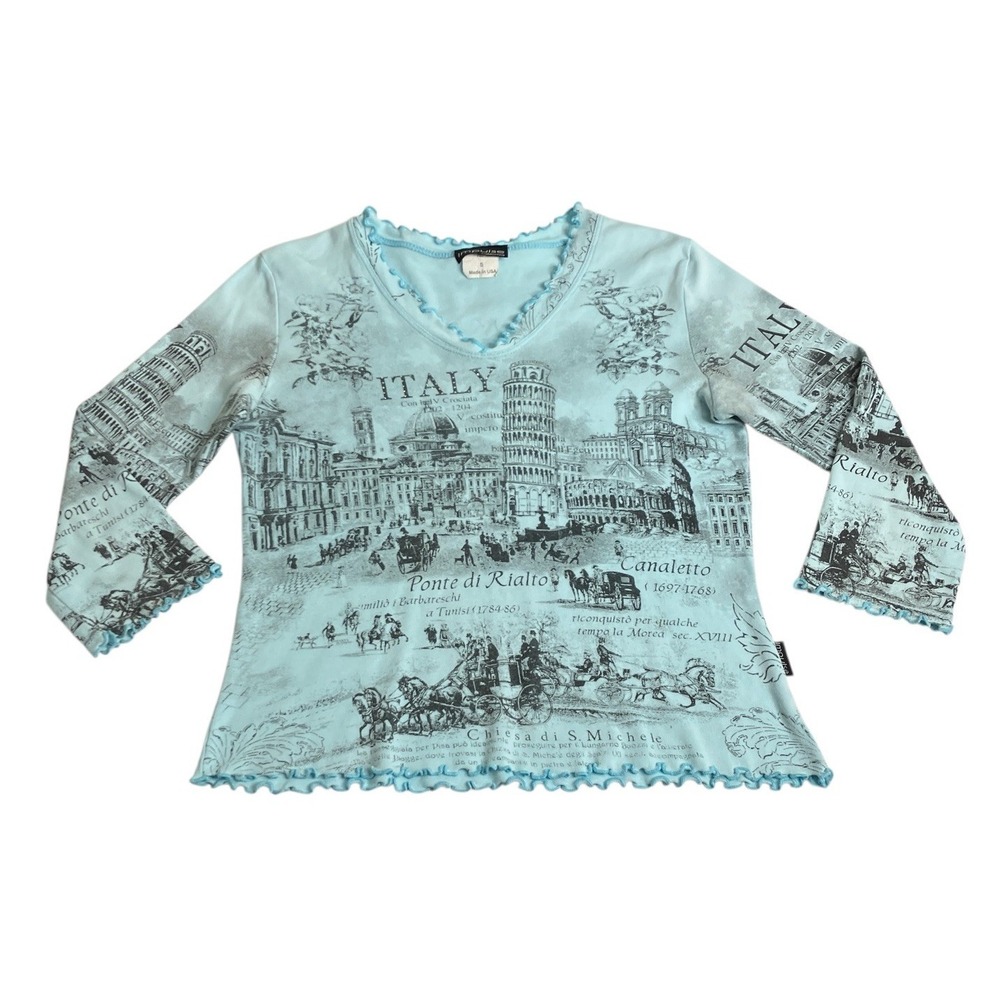 Vintage Y2K Impulse California Top Womens S Blue Paris Bling Ruffle Coquette AOP